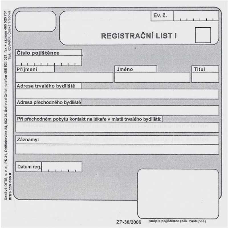 Registrační list I - II průpisový DITIS